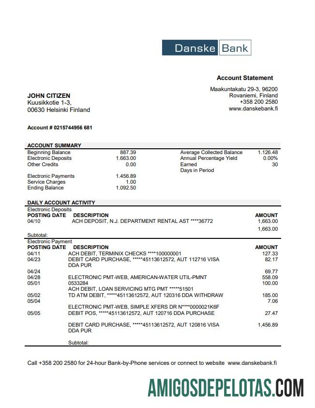 Amostra de extrato bancário da Finlândia Danske